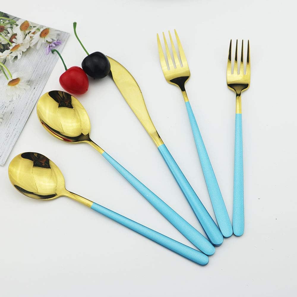 JASHII 20-Piece Silverware Set with Serving Utensils, SUS304 Stainless Steel Flatware Cutlery Set for 4, Eating Utensil Tableware Sets, Mirror Finish(Blue gold)