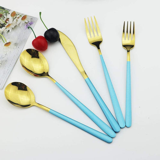 JASHII 20-Piece Silverware Set with Serving Utensils, SUS304 Stainless Steel Flatware Cutlery Set for 4, Eating Utensil Tableware Sets, Mirror Finish(Blue gold)