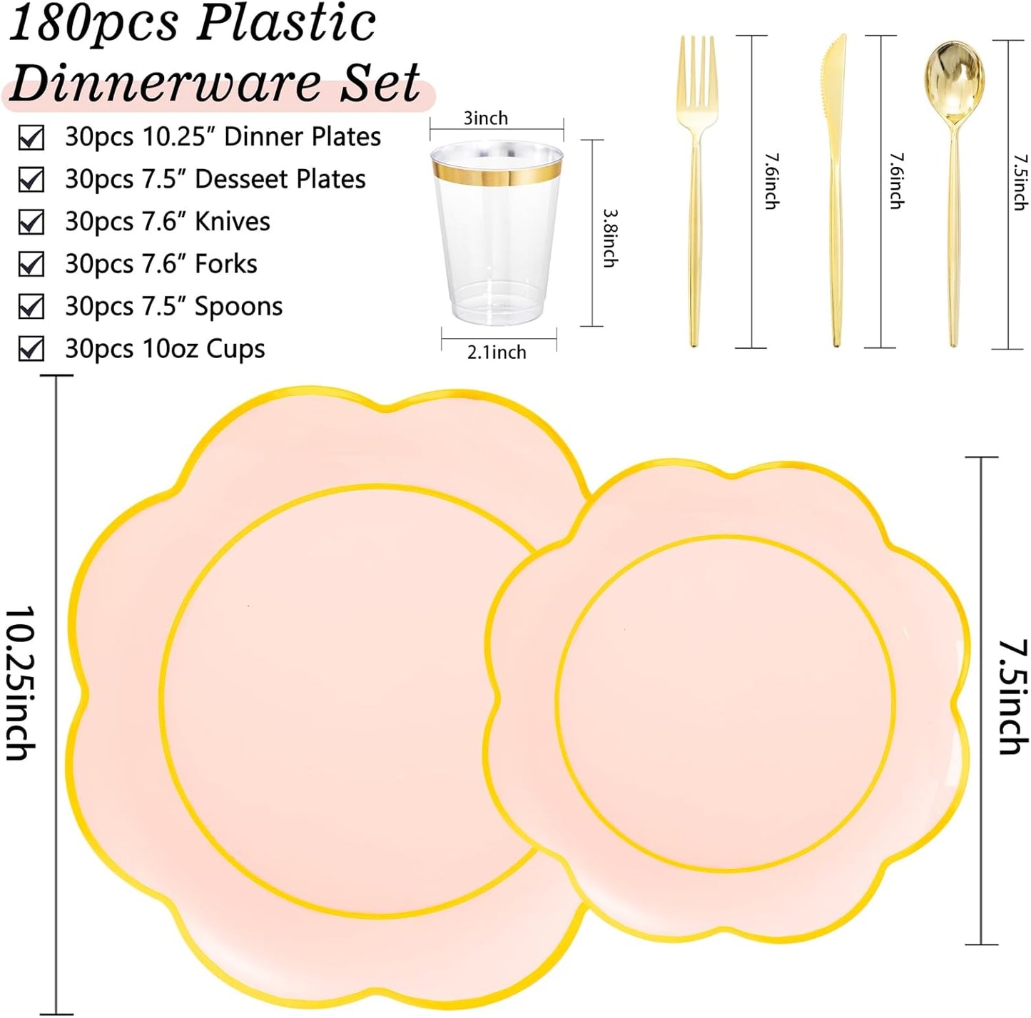EI 180pcs Pink Plastic Plates with Gold Plastic Silverware,Heavy-Duty Disposable Plates for Party,White Dinnerware Set for 30 Guest Wedding,Birthday