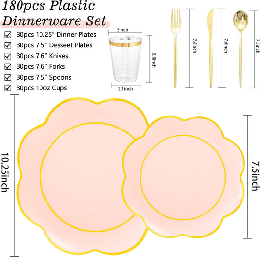 EI 180pcs Pink Plastic Plates with Gold Plastic Silverware,Heavy-Duty Disposable Plates for Party,White Dinnerware Set for 30 Guest Wedding,Birthday