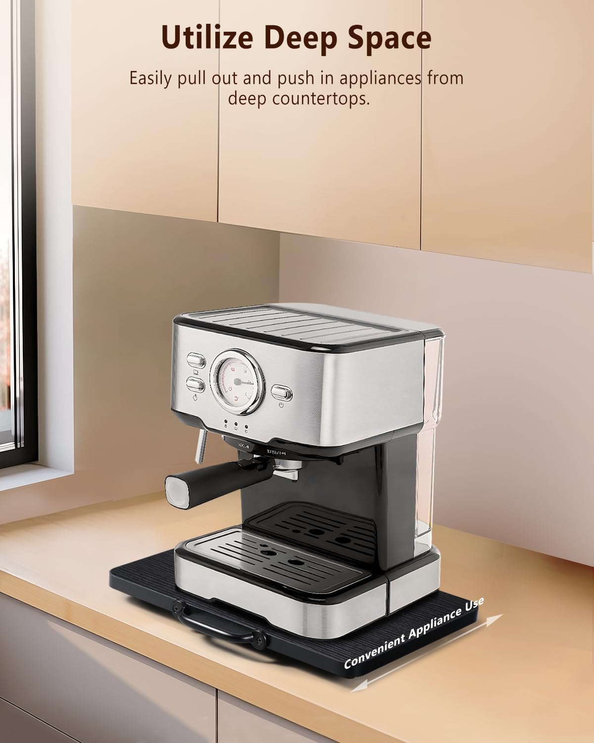 Appliance Slider, Sliding Tray for Coffee Maker, Coffee Pot Slider for Countertop, Kitchen Appliance Rolling Tray with Rubber Wheels,Medium - Wide, Black (13” x 9.5”)