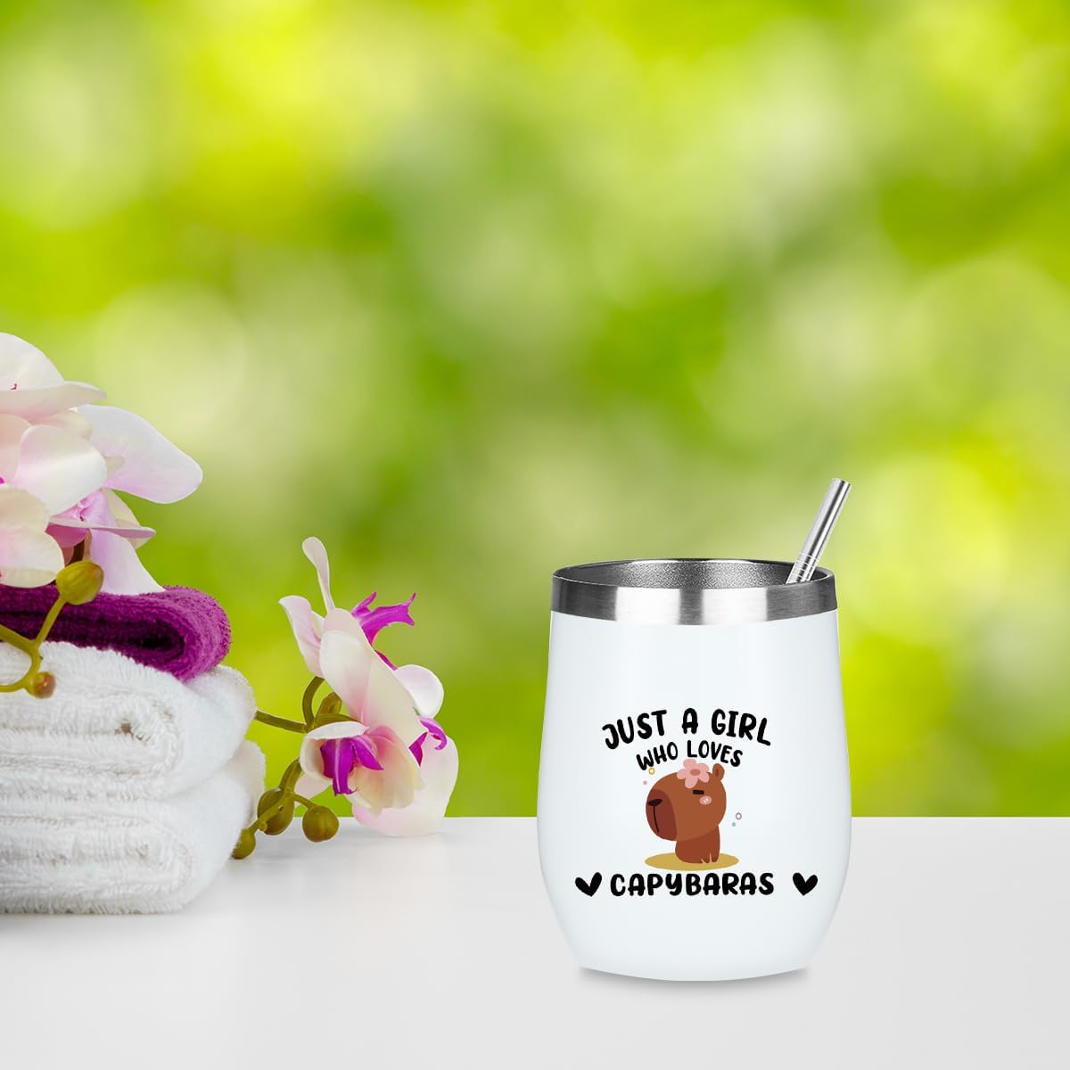 Cute Funny 12 oz Tumbler, Wine Tumbler Insulated Wine Glass with Lid, Capybara Gifts for Women Girls Capybara Decor Stuff for Friend Daughter Sister Bestie Animal Lover Friendship Christmas Birthday