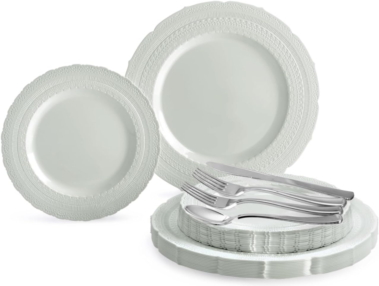 " OCCASIONS " 150pcs set (25 Guests)-Extra Heavyweight Vintage Wedding Disposable/Reusable Plastic Plates -25 x 11'' + 25 x 8.25'' +Silverware (Chateau Collection in Light Gray)