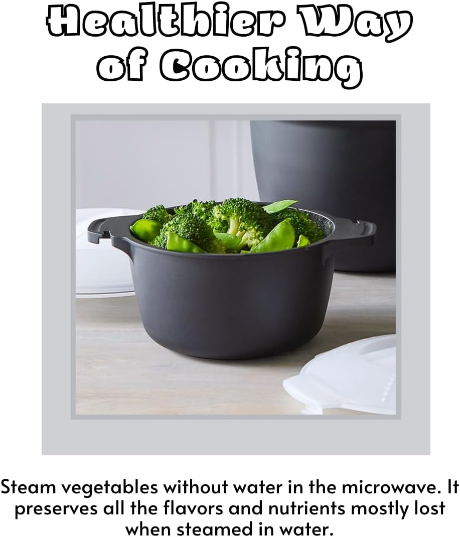 Professional Large Micro Cooker for Microwave 2 Quart | Food Steamer Pot for Vegetable, Melting Butter | BPA Free, Dishwasher Safe Cookware