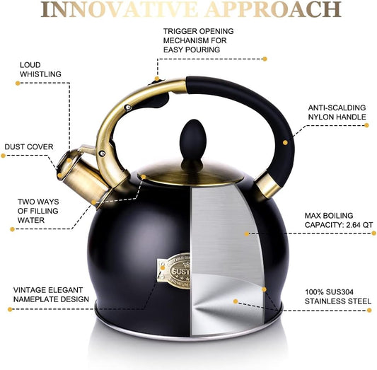 SUSTEAS Stove Top Whistling Tea Kettle - Food Grade Stainless Steel Teakettle Teapot with Cool Touch Ergonomic Handle, With 1 Silicone Pinch Mitt Included, 2.64 Quart(BLACK)