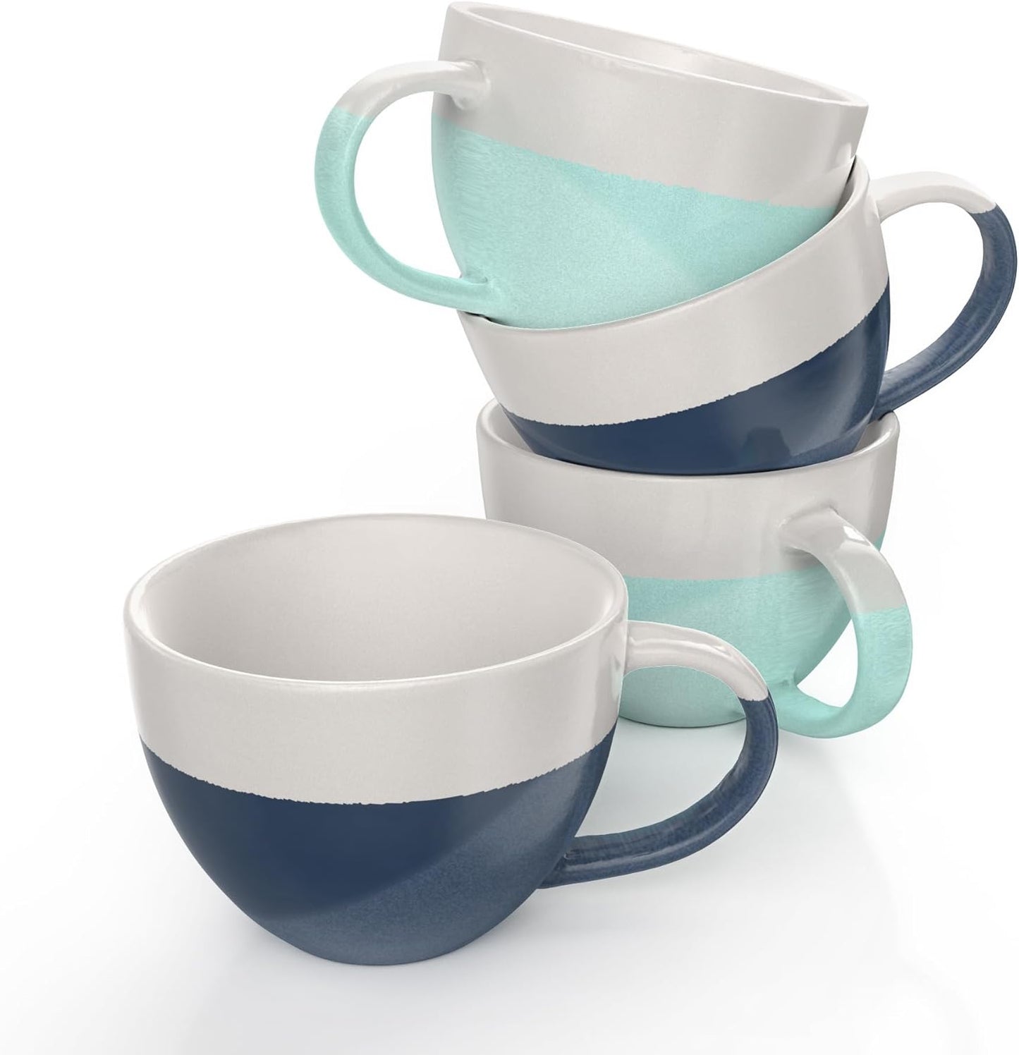 Francois et Mimi Set of 4 Oversized 16oz Wide-mouth Soup & Cereal Ceramic Coffee Mugs (Blue and White), Bowls For Soup, Cocoa, Latte and More. Dishwasher and Microwave Safe.