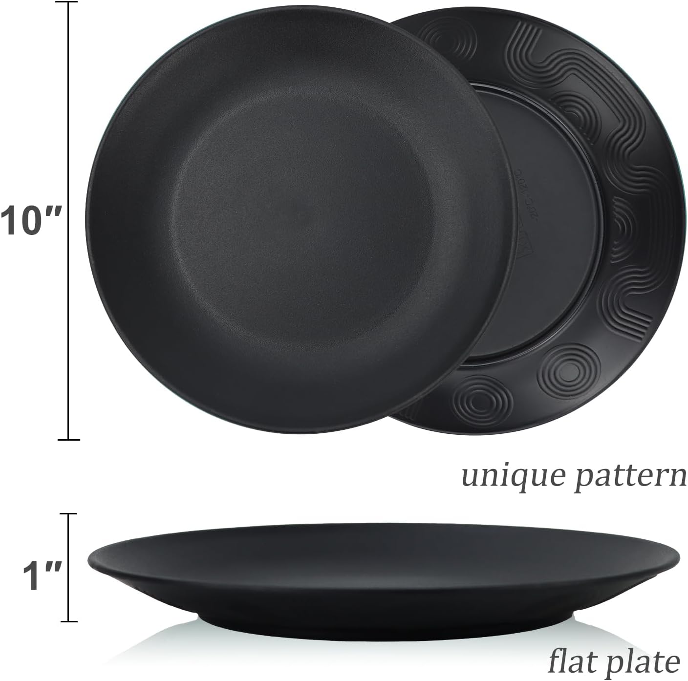 Wrova Wheat Straw Dinner Plates 10 Inch Unbreakable Set of 8 - Dishwasher & Microwave Safe Plastic Plates Reusable - Lightweight Plates for kitchen,camping,salad,appetizer - Pure Black