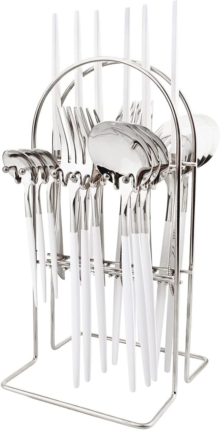 White Silver 24Pcs Flatware Set With Stand, Lightweight Dinnerware Set Stainless Steel Cutlery With White handles For Home Kitchen Wedding Party And Daily Use,Service For 6, Mirror Polish