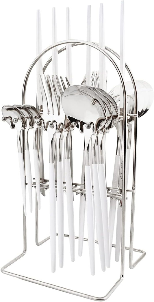 White Silver 24Pcs Flatware Set With Stand, Lightweight Dinnerware Set Stainless Steel Cutlery With White handles For Home Kitchen Wedding Party And Daily Use,Service For 6, Mirror Polish