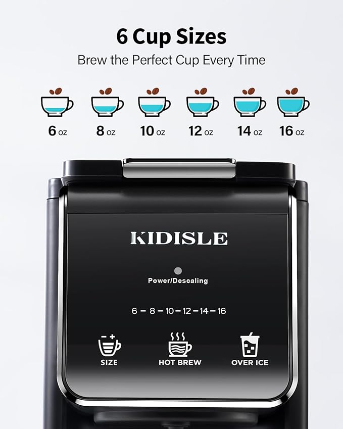 Hot & Iced Single Serve Coffee Maker, K Cup Pod Coffee Maker Compatible with Grounds, Reusable Filter, 6–16oz Brew Sizes, Large 40oz Water Tank, Easy to Use, Black