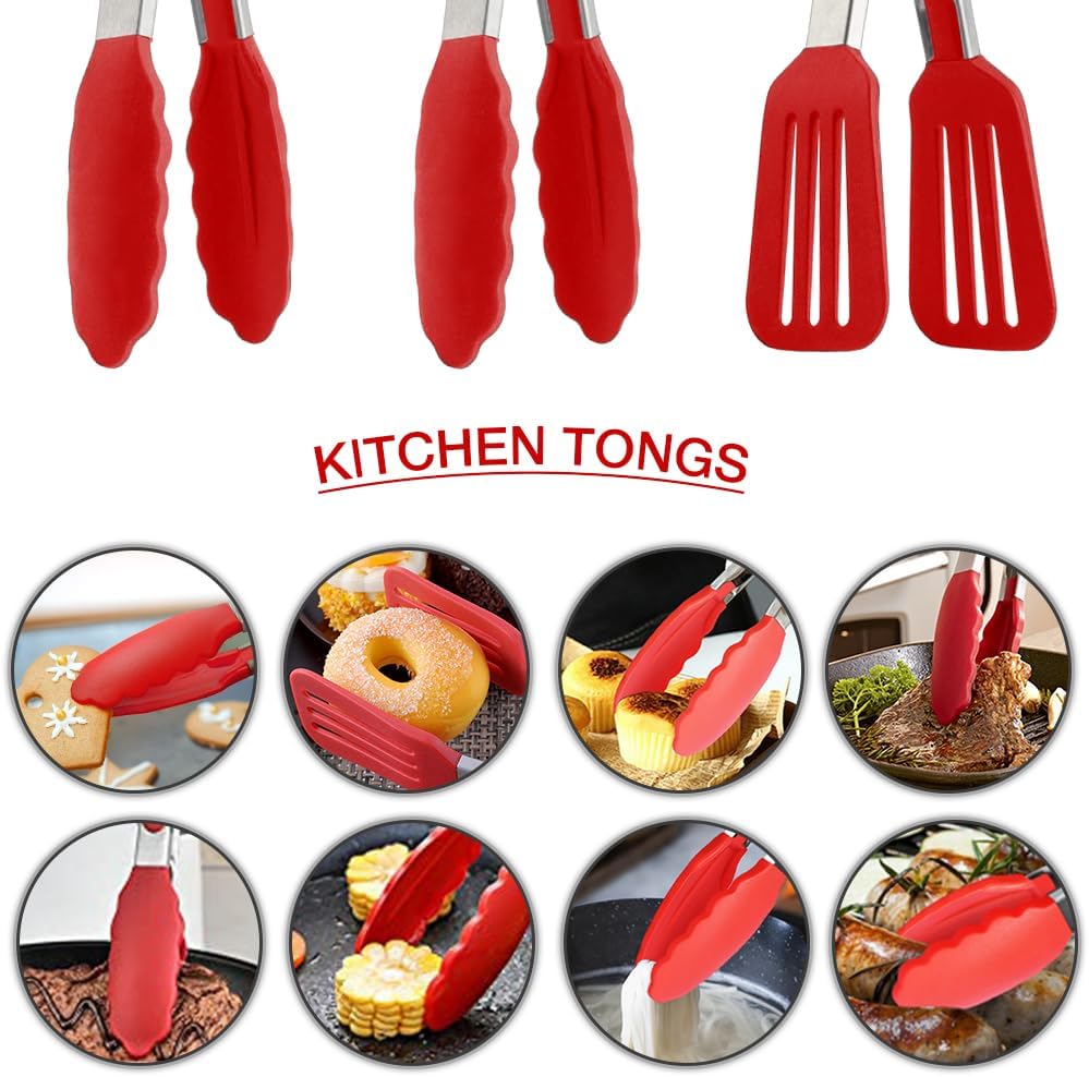 9 Inch Small Kitchen Tongs Set of 3, Silicone Cooking Tongs with Silicone Tips and Stainless Steel Handle, Tongs for Cooking, Serving(Red)