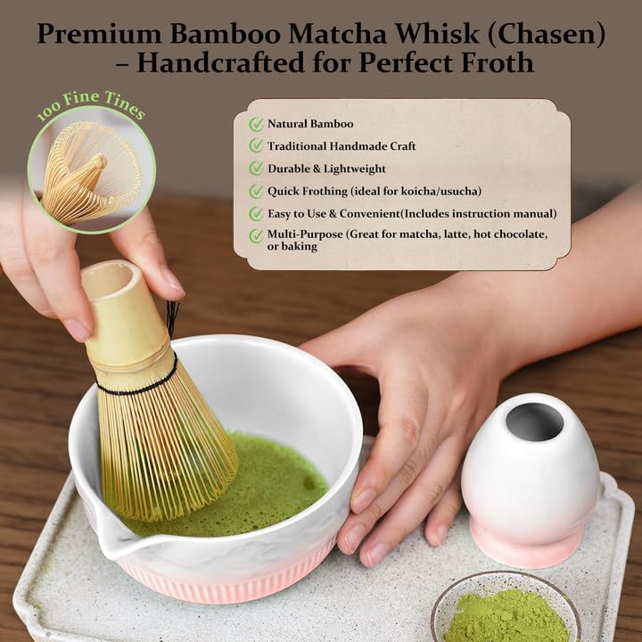 7PCs Pink Matcha Whisk Set Traditional Japanese Matcha Kit with Whisk and Bowl Matcha Making Accessories Bamboo Chasen Tea Spoon Holder Sifter Tea Towel Ceremony Macha Tea Set for Beginners