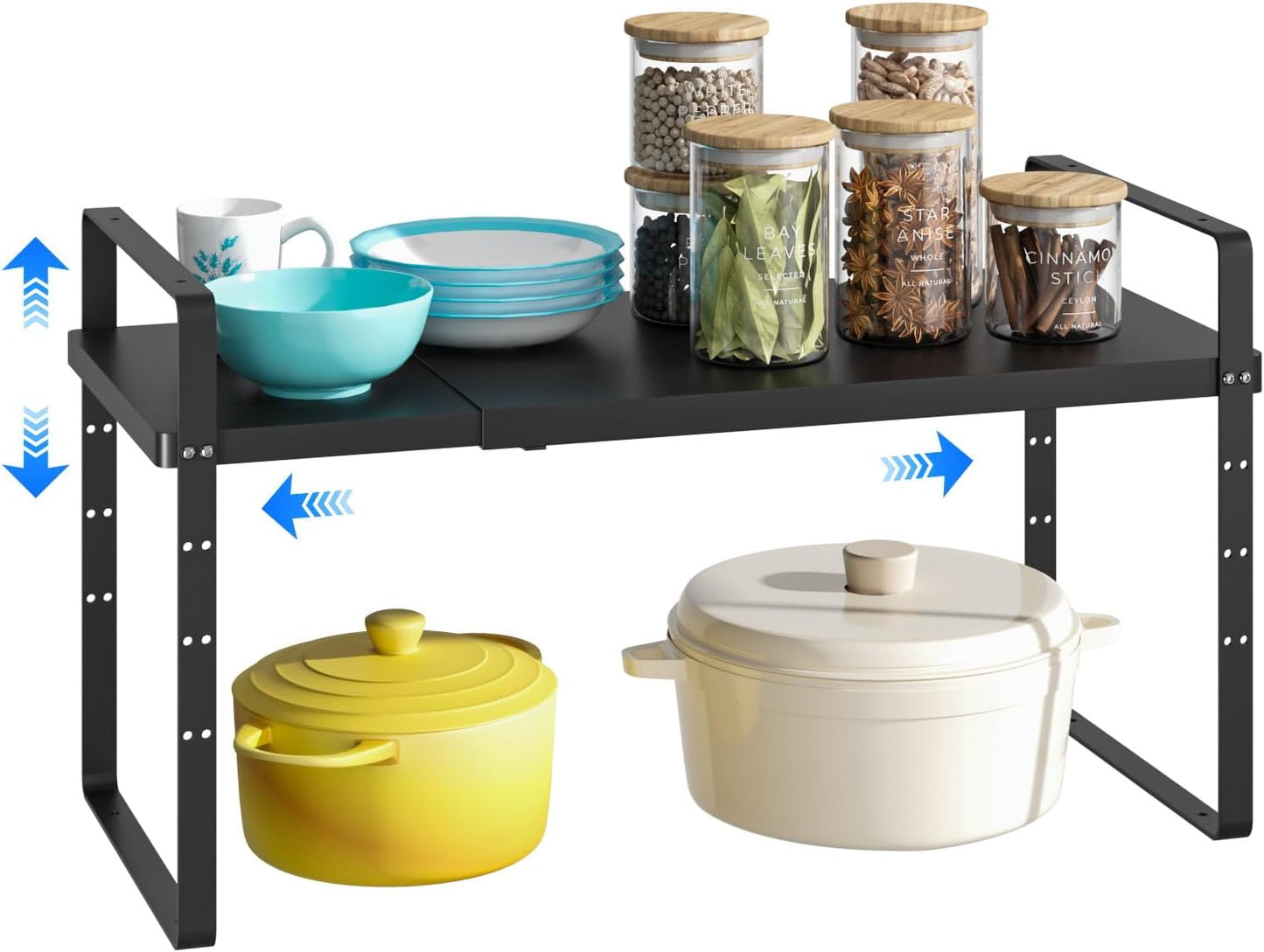 Expandable Cabinet Shelf Organizer, Stackable Kitchen Pantry Counter Storage, Adjustable Closet Cupboard Stand Rack Risers Spice Organization 80LBS Heavy Duty Black Large 1 Pack