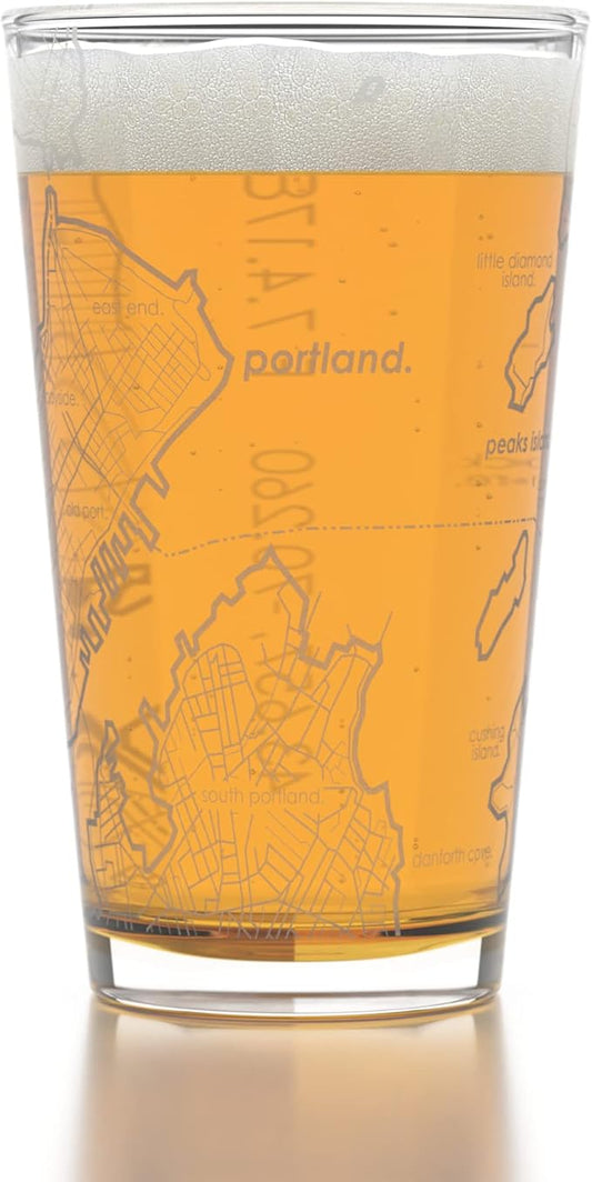 Well Told Engraved Portland Maine Map Pint Glass, Etched Beer Gift (16 oz, Clear) City Map Pint, Custom City Glassware, Gifts For Beer Lovers