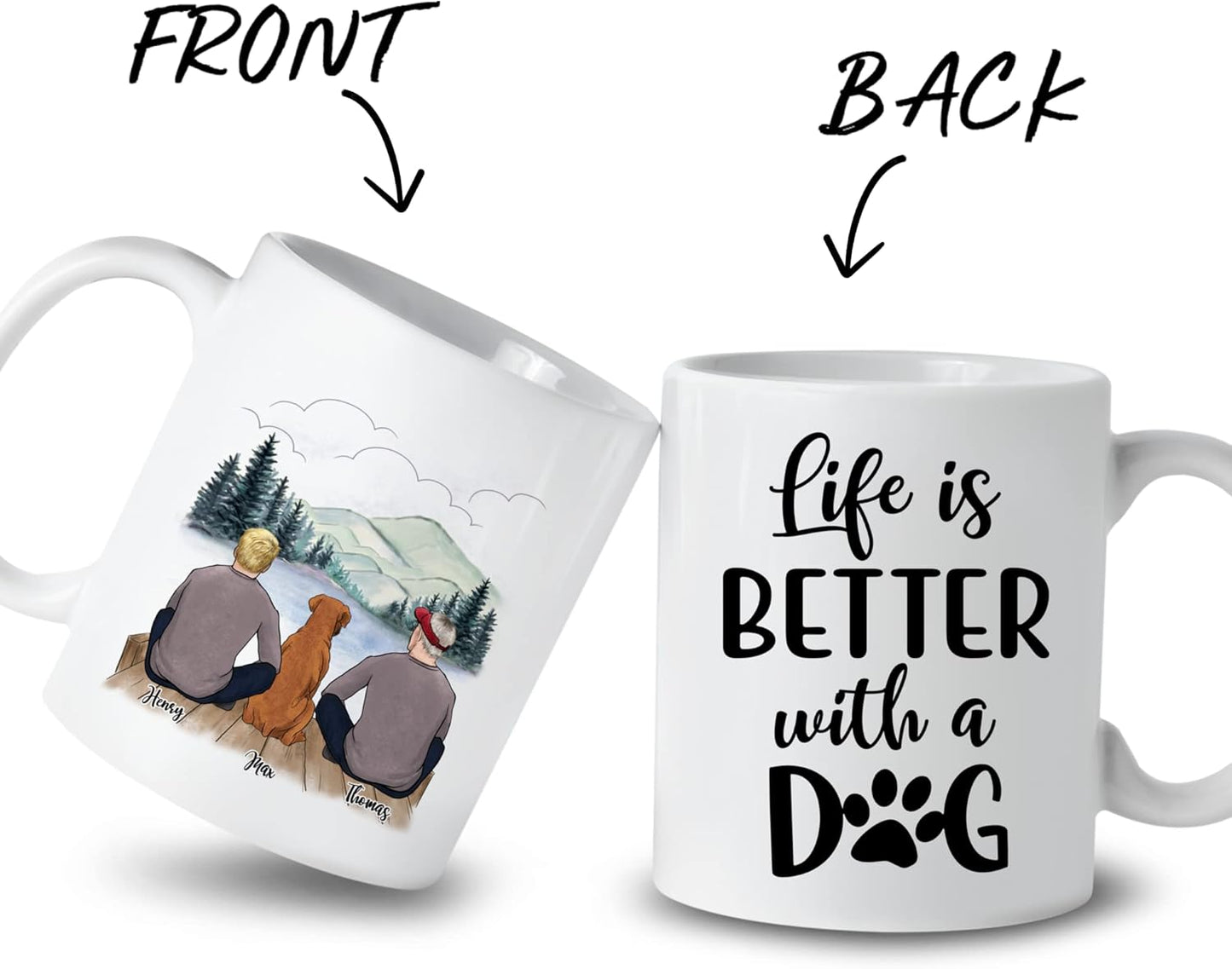 Gossby Personalized Dog Mug - Life is Better with a Dog (2 Men - Dog) - 11oz, 15oz Custom Dog Dad Couple Mug with Names - Personalized Dog Dad Gifts for Dog Lover, Owner with Personal Touches