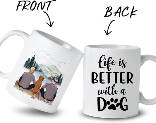 Gossby Personalized Dog Mug - Life is Better with a Dog (2 Men - Dog) - 11oz, 15oz Custom Dog Dad Couple Mug with Names - Personalized Dog Dad Gifts for Dog Lover, Owner with Personal Touches