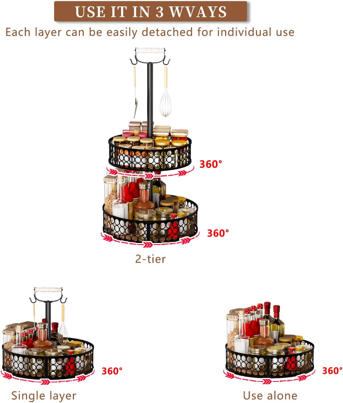 Heavy-Duty 2 Tier Lazy Susan Organizer, Upgraded DIY 3-in-1 Design Detachable Metal Rotating Spice Rack, Spice Organization for Kitchen Cabinet Countertop