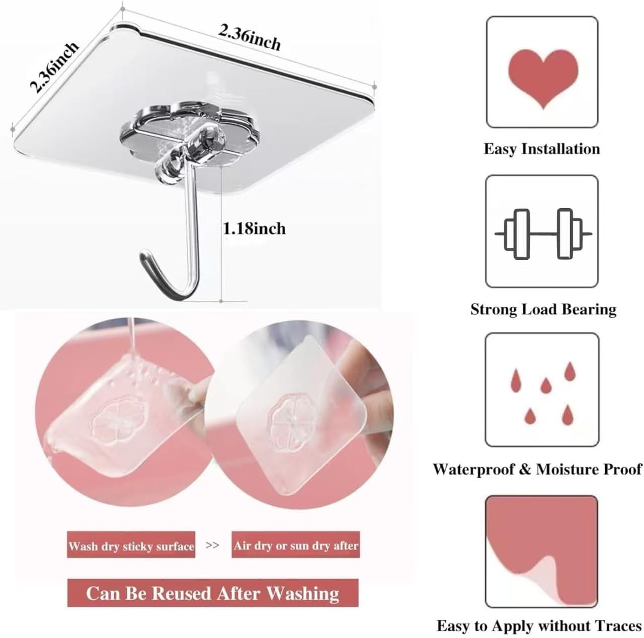 DDMY 36 Pack Heavy Duty Hooks Self Adhesive Large Hooks for Hanging,Wall Transparent Reusable Waterproof Hook for Kitchen Curtain Towel Hook for Bathrooms Coat Hook for Walls No Damage