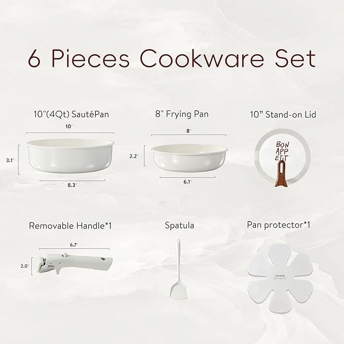 CAROTE Ceramic Pots and Pans Set Non Stick, Nonstick Kitchen Cookware Sets with Lid, Detachable Handle Sauté Pan Set, Non Toxic Frying Pan, Oven Safe, Induction Ready, Cream White