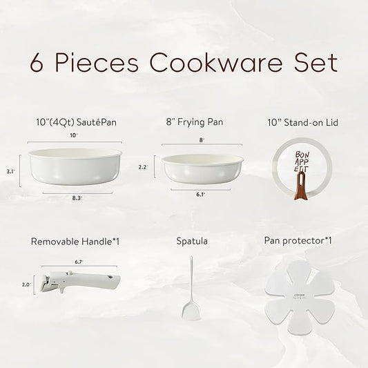 CAROTE Ceramic Pots and Pans Set Non Stick, Nonstick Kitchen Cookware Sets with Lid, Detachable Handle Sauté Pan Set, Non Toxic Frying Pan, Oven Safe, Induction Ready, Cream White