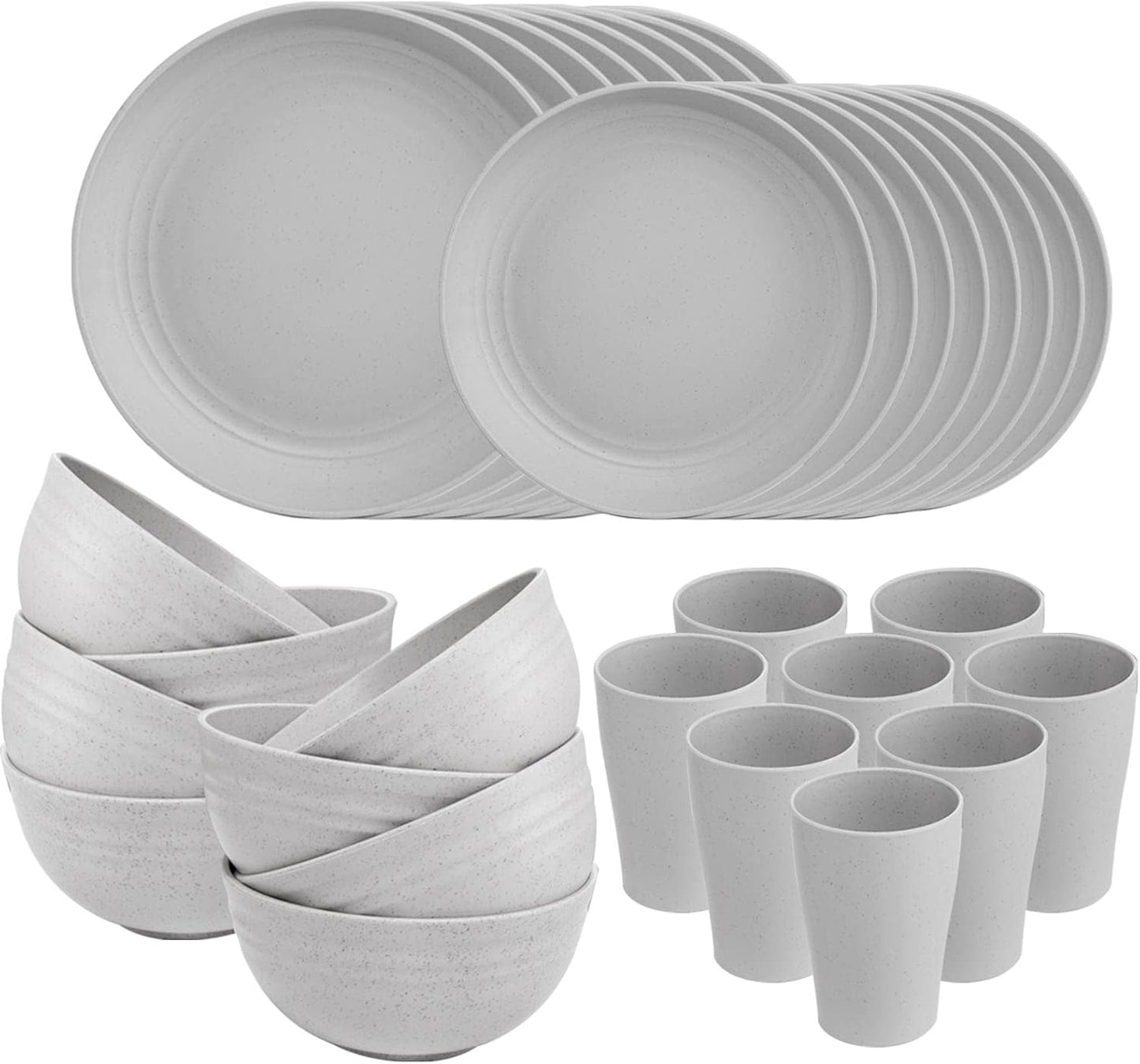 Supernal 32pcs Wheat Straw Dinnerware Sets for 8,Plates and Bowls Sets,Reusable Plastic Plates,Grey Dish Set for 8 include 16pcs Dishes, 8pcs Bowls, 8pcs Cups,Dishwasher Safe.