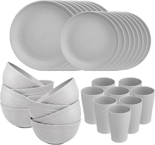 Supernal 32pcs Wheat Straw Dinnerware Sets for 8,Plates and Bowls Sets,Reusable Plastic Plates,Grey Dish Set for 8 include 16pcs Dishes, 8pcs Bowls, 8pcs Cups,Dishwasher Safe.