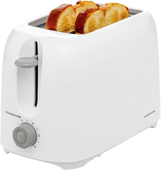 OVENTE Electric 2 Slice Toaster Machine with 6-Shade Browning Selector Setting, Compact Design and Removable Crumb Tray, 700W Power Perfect for Toasting Bread, Thin Bagels and Waffles, White TP2210WGY