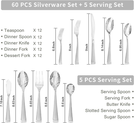 KINGSTONE Silverware Set, 65-Piece Flatware Set for 12, 18/10 Stainless Steel Cutlery Set with Bead Edge, Utensil for Kitchen, Home, Party, Wedding, Mirror Polished, Dishwasher Safe, Featured Gifts