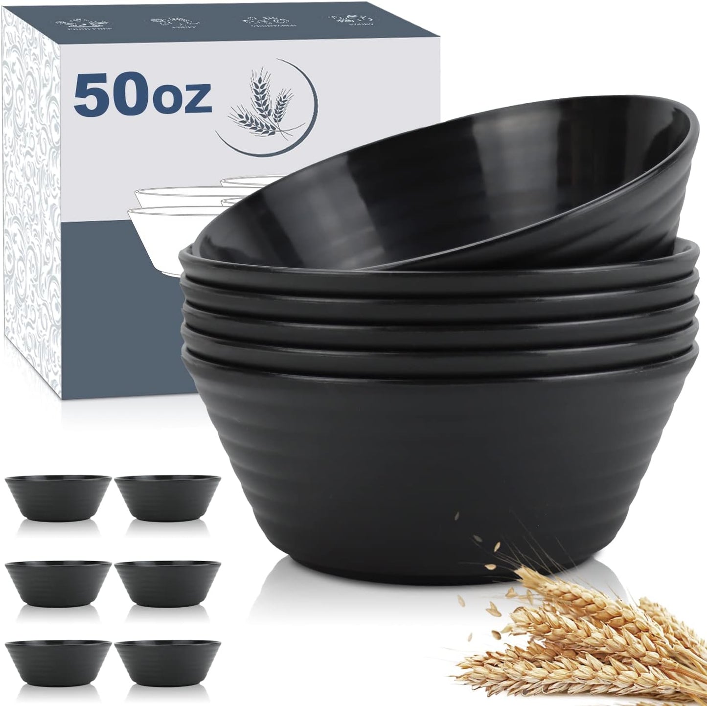 Wrova Wheat Straw Bowl Sets,6 PCS Unbreakable Big Cereal Bowl 50 OZ,Microwave and Dishwasher Safe Bowls,Alternative Plasic Bowl Reusable for Serving Soup,Oatmeal and Salad (Black)