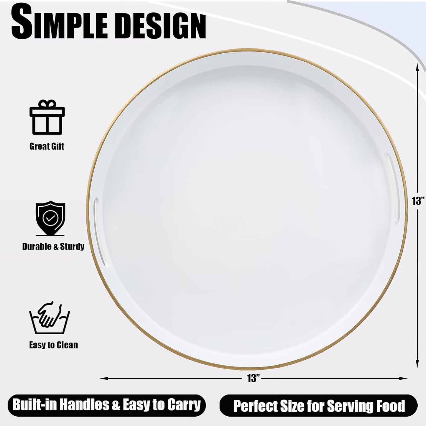 White Round Decorative Tray with Handles, 13" Elegant Coffee Table Serving Tray for Ottoman Living Room, Bathroom, Outdoors, Breakfast