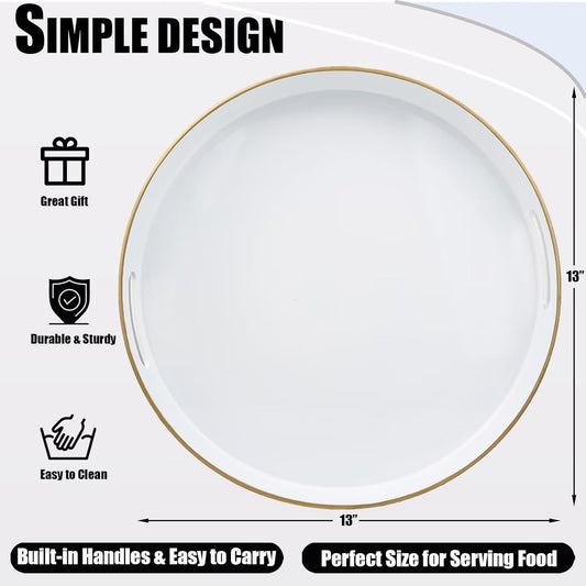 White Round Decorative Tray with Handles, 13" Elegant Coffee Table Serving Tray for Ottoman Living Room, Bathroom, Outdoors, Breakfast
