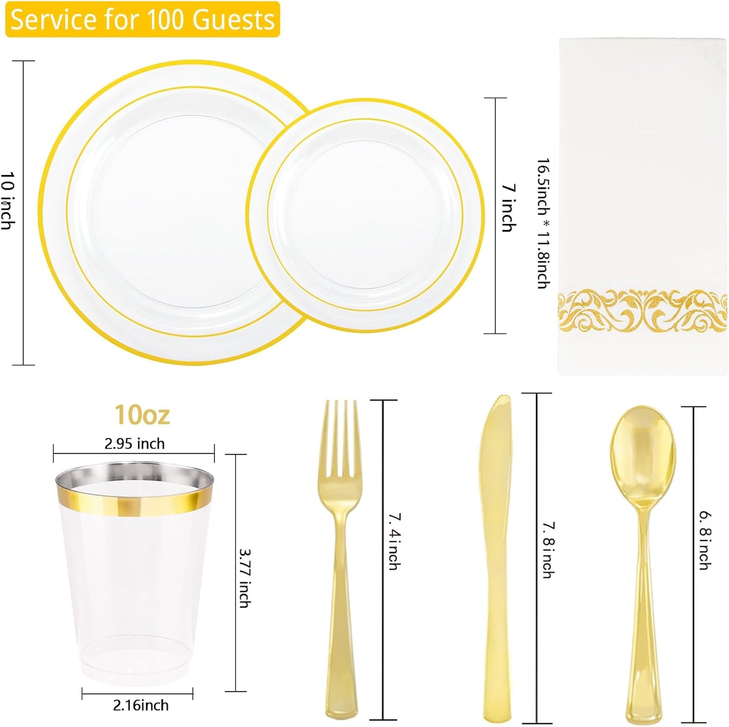 700 Pieces Gold Dinnerware Set - 100 Guests Clear Disposable Dinnerware Set for Party, Wedding, Include: 200 Clear Plates with Gold Trim, 100 Cups, 100 Napkins, 100 Plastic Silverware Sets