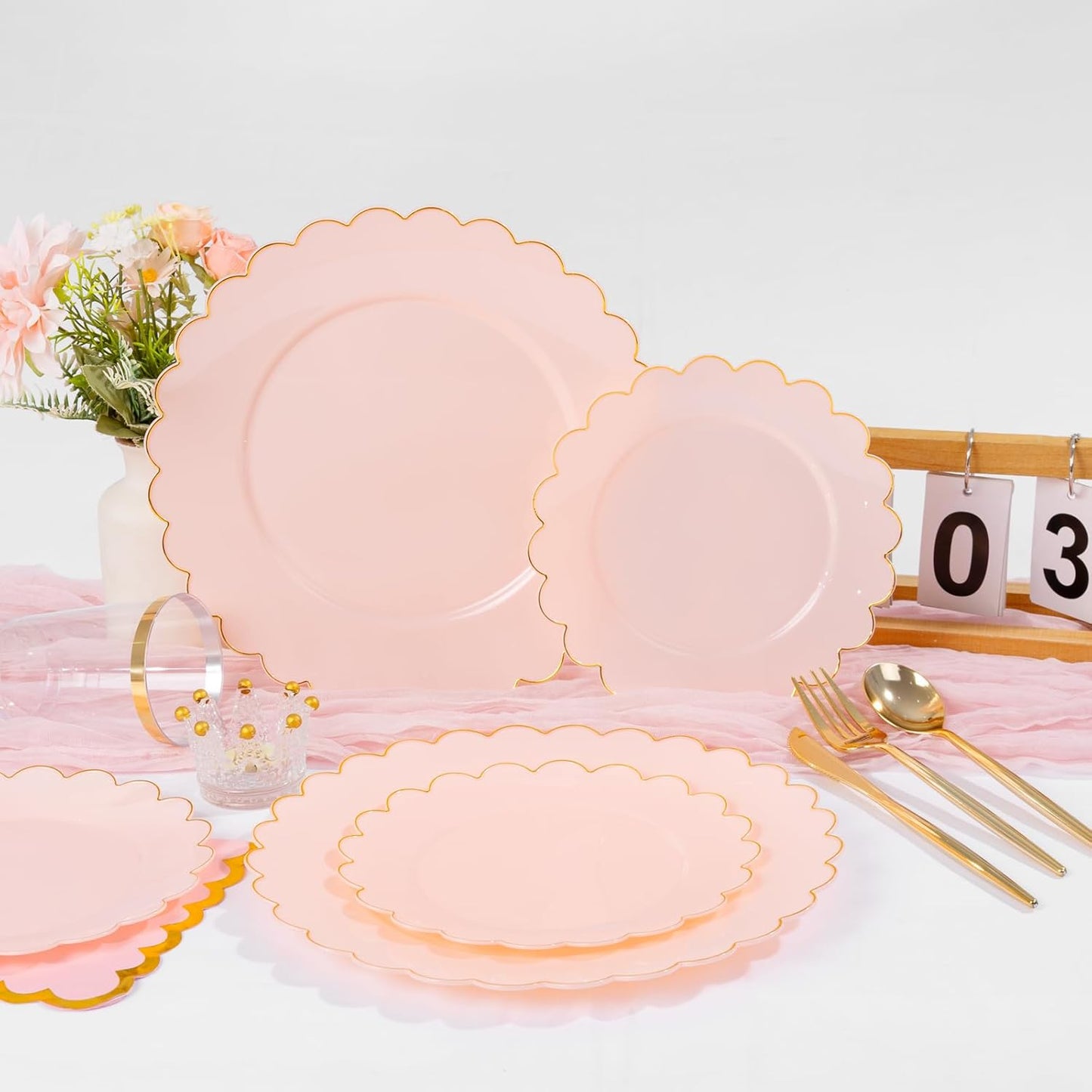 WONDERFUL 351pcs Pink Plastic Plates - Luxury Party Plates and Cups and Napkins Sets Includes 100 Disposable Plate 150 Heavy Duty Silverware 50 Cups 50 Wedding Napkins 1 Table Runner for Wedding Party