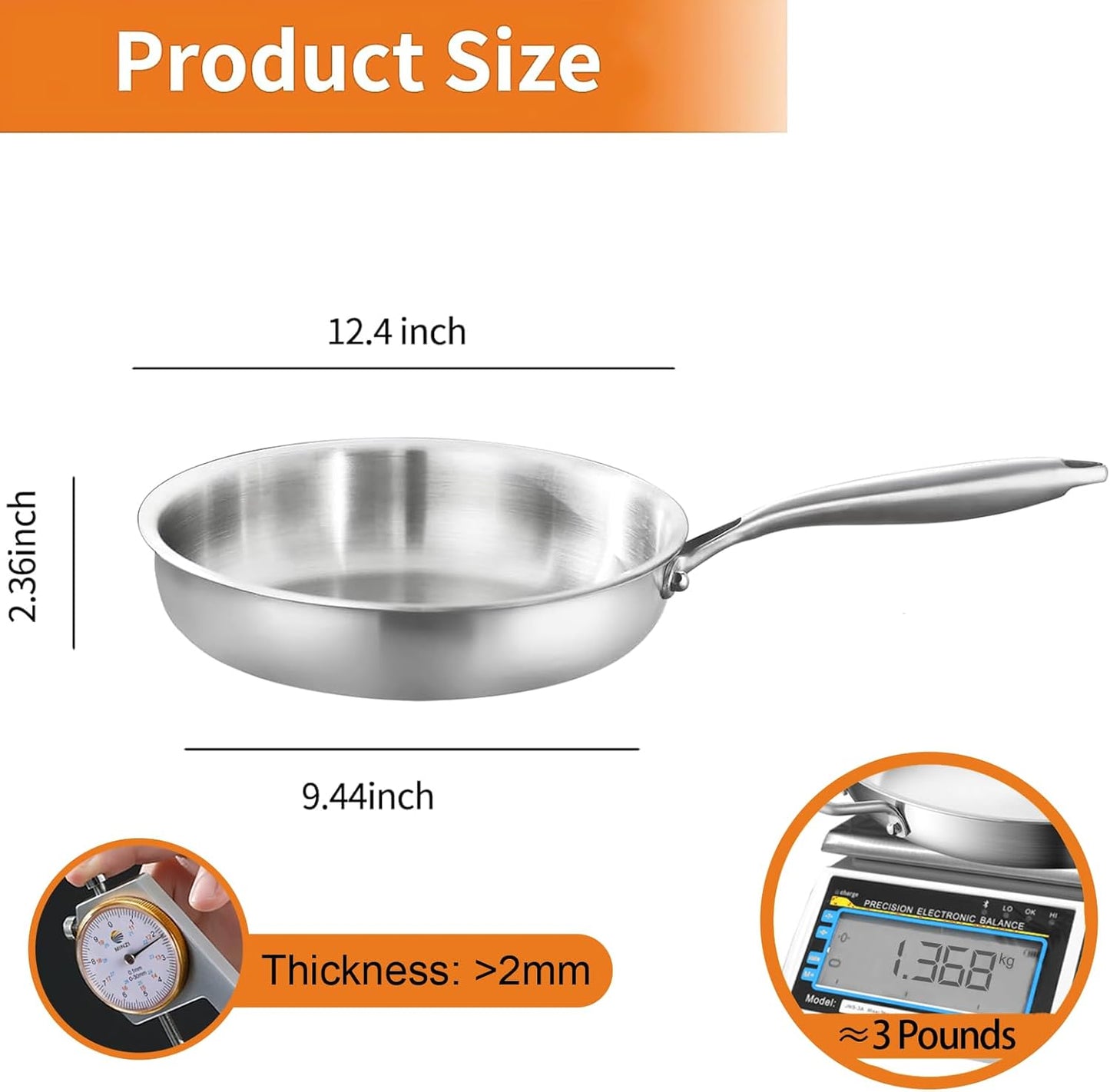 DELARLO Tri-Ply Stainless Steel Frying Pan, All Cooktops Compatible Up to 650℉, Oven Safe Induction Skillet, 12.5 inch Non toxic Cooking Surface, Fast & Even Heat, Durable Cookware