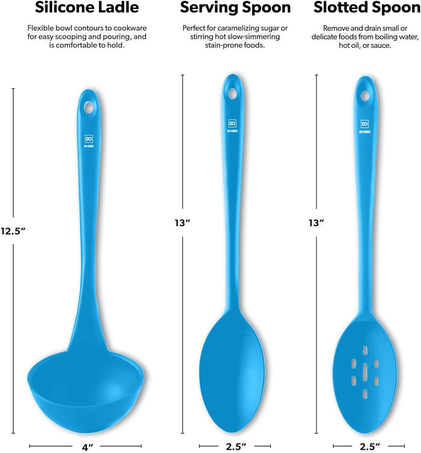 DI ORO Silicone Ladle & Spoons for Cooking – Large Kitchen Spoons for Mixing, Serving, & Stirring - Soup Ladle with Wide Bowl - High Heat Silicone Kitchen Utensils for Nonstick Cookware Safe (Blue)