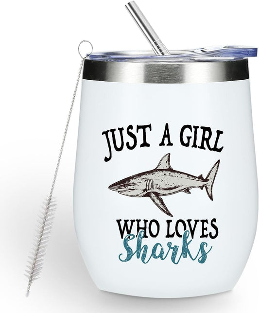 Cute Sharks 12 oz Tumbler, Wine Tumbler Insulated Wine Glass with Lid, Shark Gifts for Women Girls Shark Decor Stuff Merch for Teens Friend Daughter Sister Animal Lover Friendship Christmas Birthday