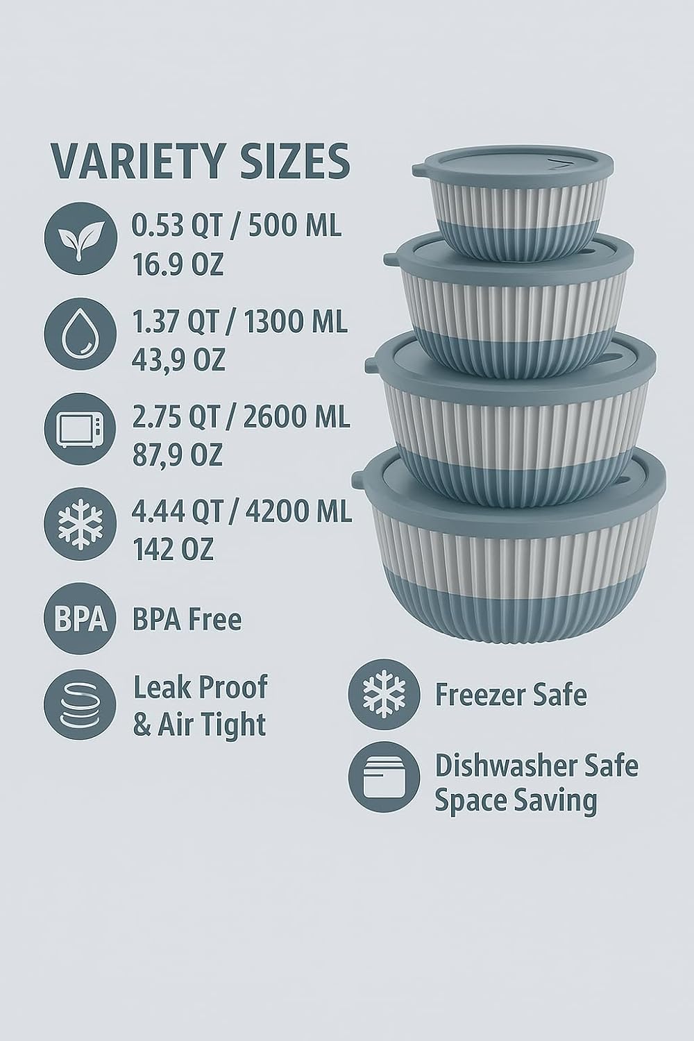 Mixing Bowl Set with Airtight Lids-8- Piece Nesting, stackable Plastic bowls for Mixing & Food Prep-BPA-Free,Dishwasher,Microwave & Freezer Safe