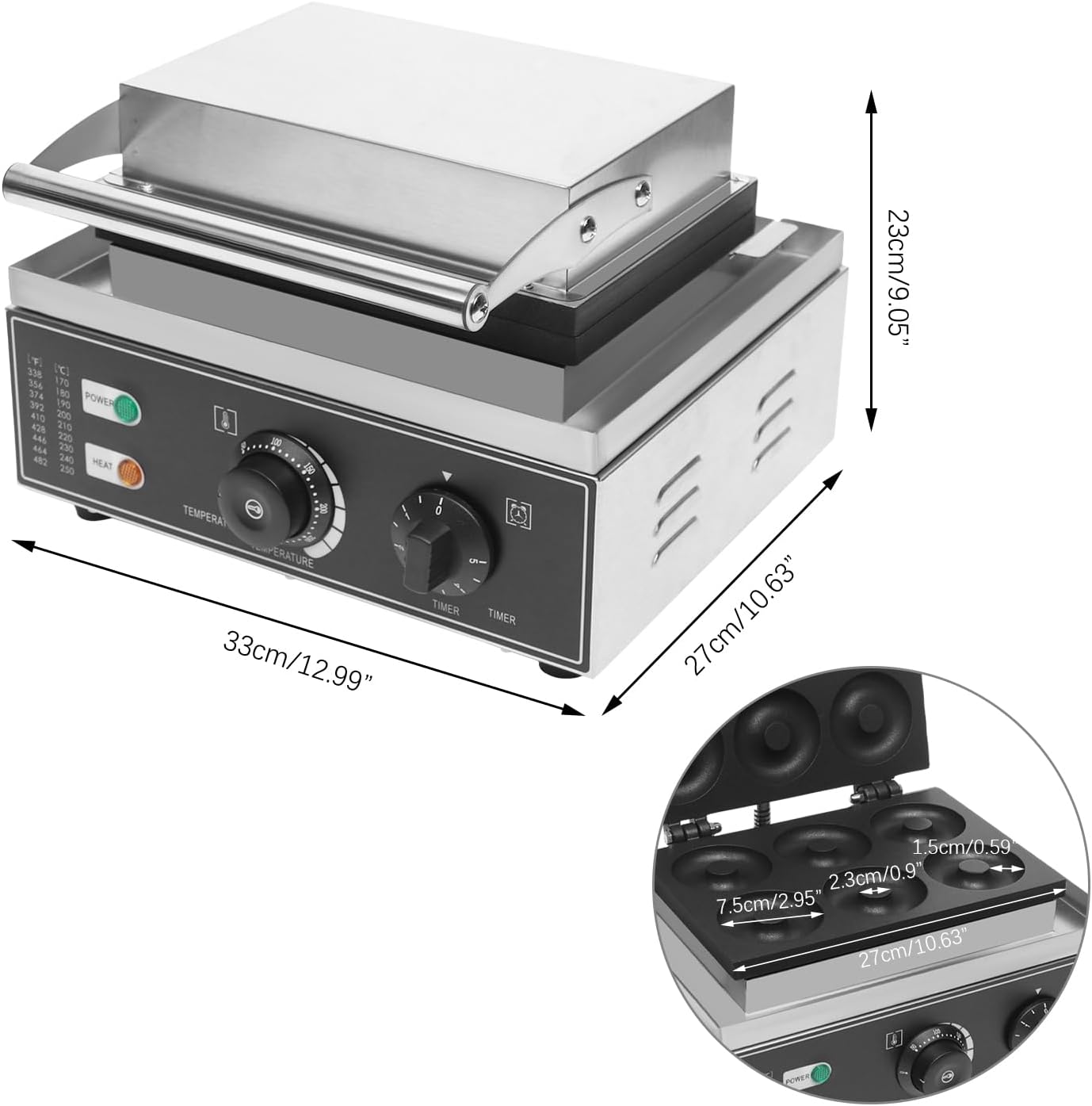1550W 110V Commercial Waffle Donut Maker, 6 Holes Double Sided Non-Stick Commercial Electric Donut Maker, Temperature 122-572℉, Mini Donut Machine, for Professional Kitchen and Family Breakfast