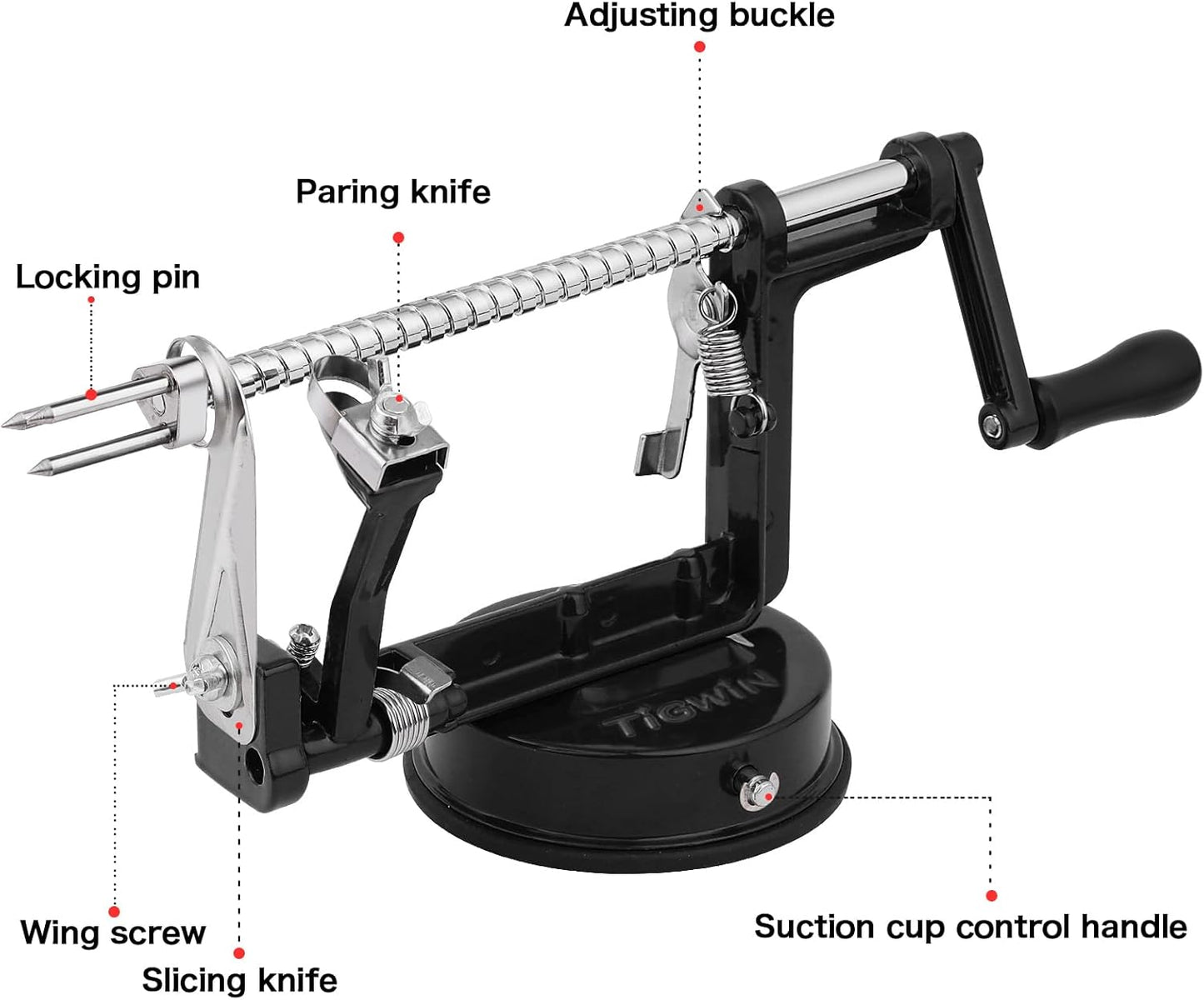 Apple Peeler Corer, Long lasting Chrome Cast Magnesium Alloy Apple Peeler Slicer Corer with Stainless Steel Blades and Powerful Suction Base for Apples and Potato(Black)