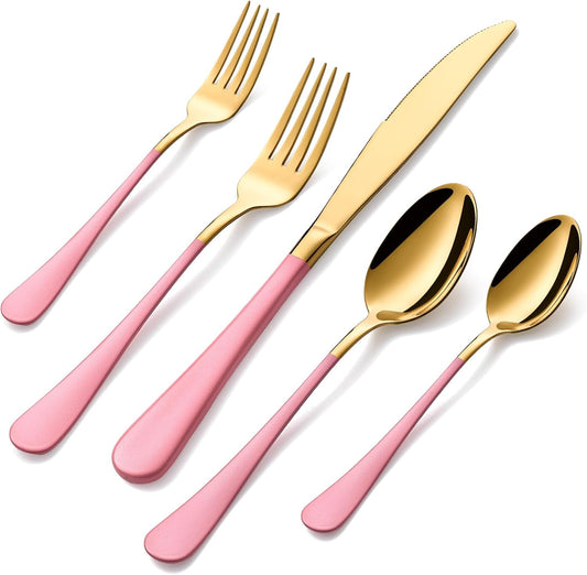 20-Pieces Gold and Pink Silverware Sets for 4,Pink Handle Stainless Steel Cutlery Set, Include Forks Spoons and Knives Set, Dishwasher Safe Utensil Sets for Home Restaurant
