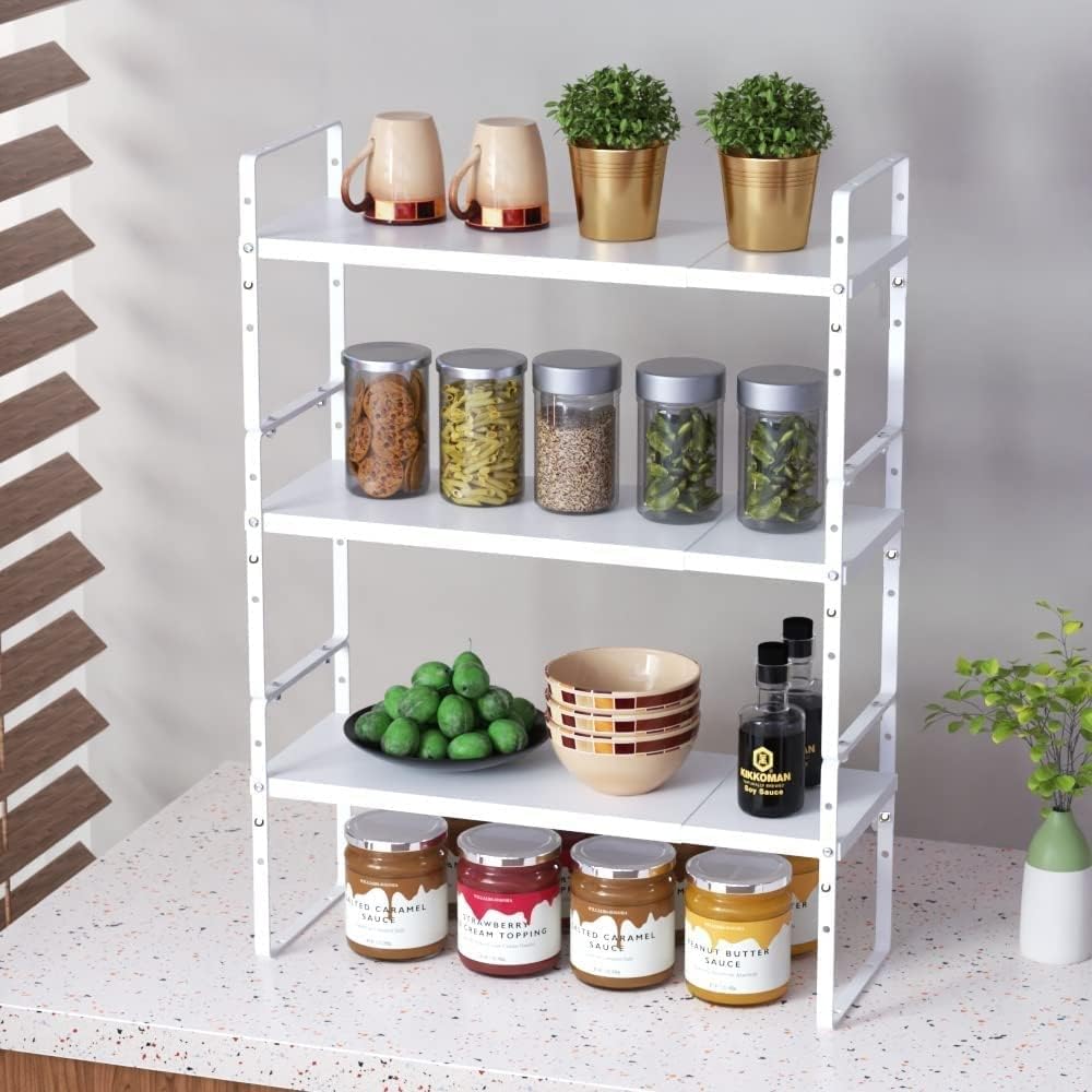 Expandable Stackable Spice Rack Cabinet Shelf Organizer in Cabinets Shelves Kitchen Cupboard Organization Stack up Racks Pantry Countertop Storage Medium/White 3 Packs
