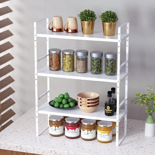 Expandable Stackable Spice Rack Cabinet Shelf Organizer in Cabinets Shelves Kitchen Cupboard Organization Stack up Racks Pantry Countertop Storage Medium/White 3 Packs