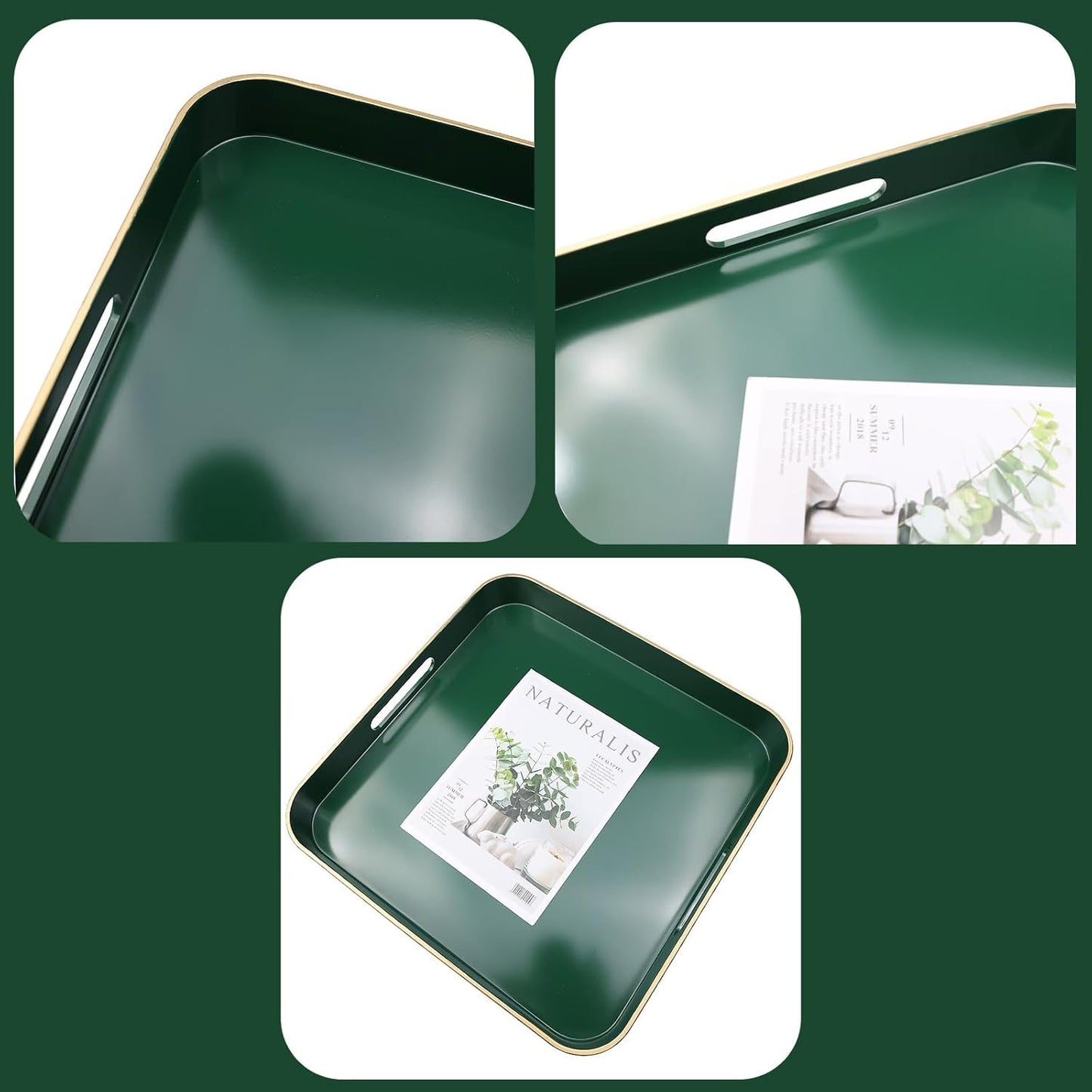 Green Square Decorative Tray with Handles, 13"*13" Versatile Serving Tray for Coffee Table, Ottoman, Ideal for Serving, Displaying, Organizing