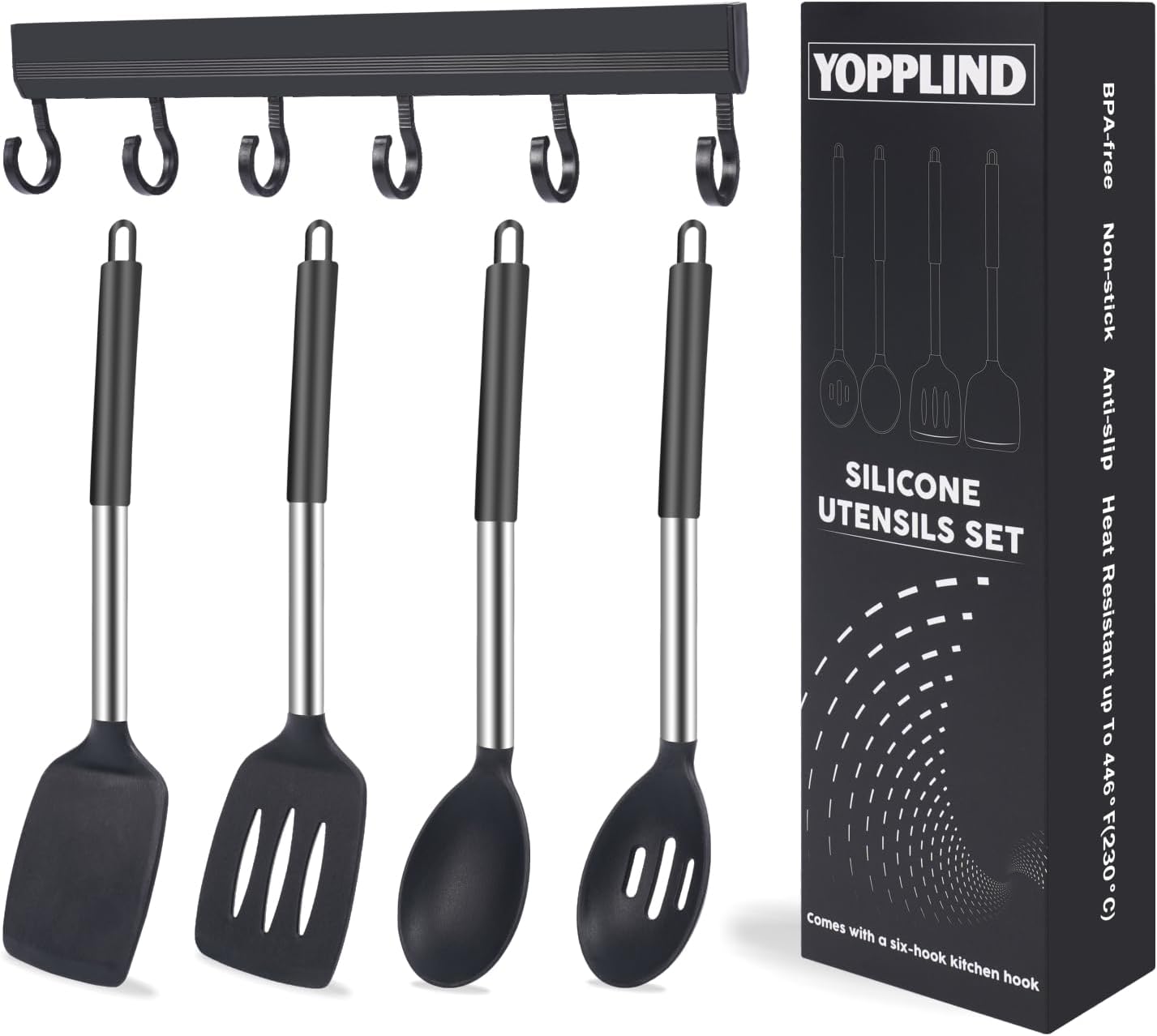 Silicone Kitchen Cooking Utensils Set 5-Piece BPA-Free Heat-Resistant Non-Stick & Dishwasher-Safe, with Slotted/Solid Spoons & Spatulas for Frying,Draining – Includes Multi-Purpose Serving Hook(Black)