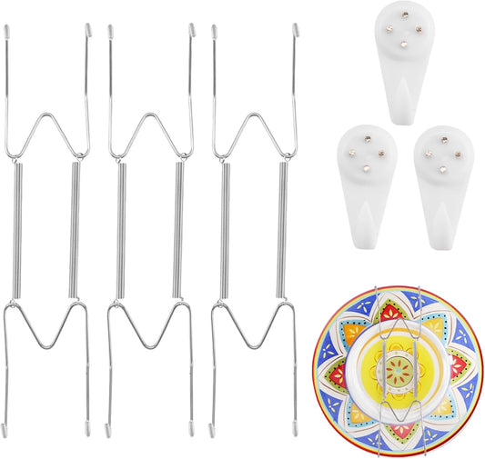 3 Pack Plate Hangers for The Wall Suitable for 10-14 inch Small Decorative Plate, Invisible Stainless Steel Plate Hangers for Display with Wall Hooks, for Plates/Platter/Dish/Picture(Silver)