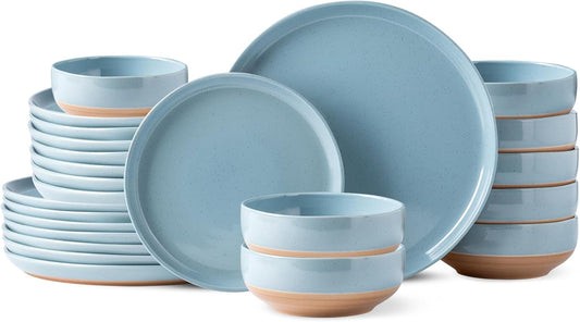 AmorArc Ceramic Dinnerware Sets for 8, 24 Pieces Handpainted Plates and Bowls Set with Rustic Terracotta Underside, Scratch Resistant Stoneware Dishes Set, Dishwasher & Microwave Safe, Stone Blue
