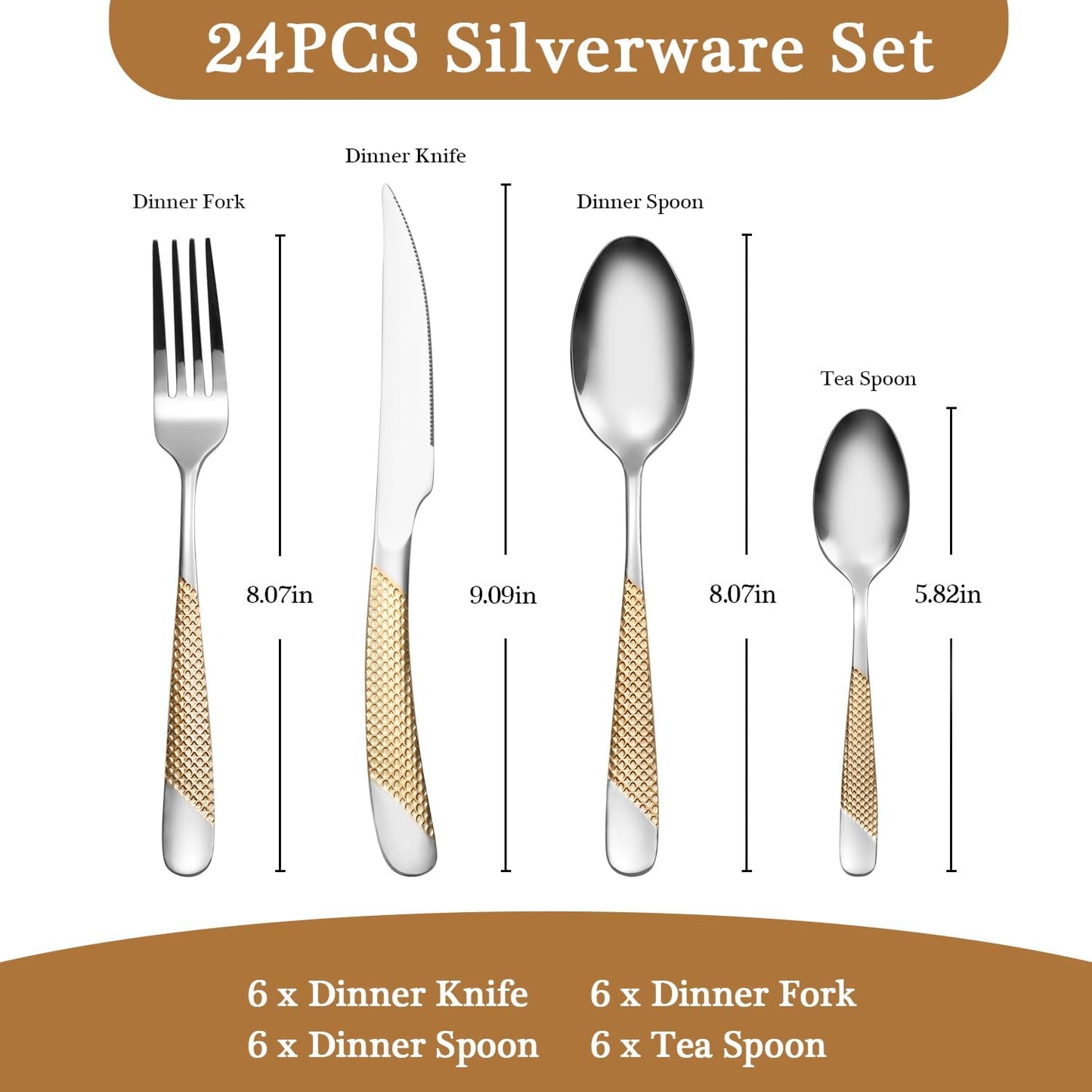 24 Piece Gold Hammered Silverware Set for 6, Premium Food-grade Stainless Steel Flatware Set, Luxury Design & Mirror Polished Cutlery Set, Eating Utensil Set with Fork Knife Spoon, Dishwasher Safe