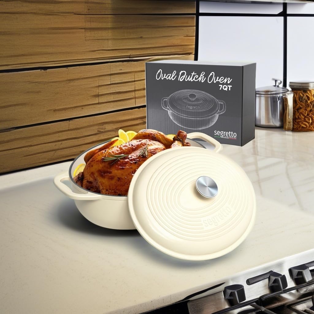 Segretto Cookware Enameled Cast Iron Oval Dutch Oven, 7 Quarts White
