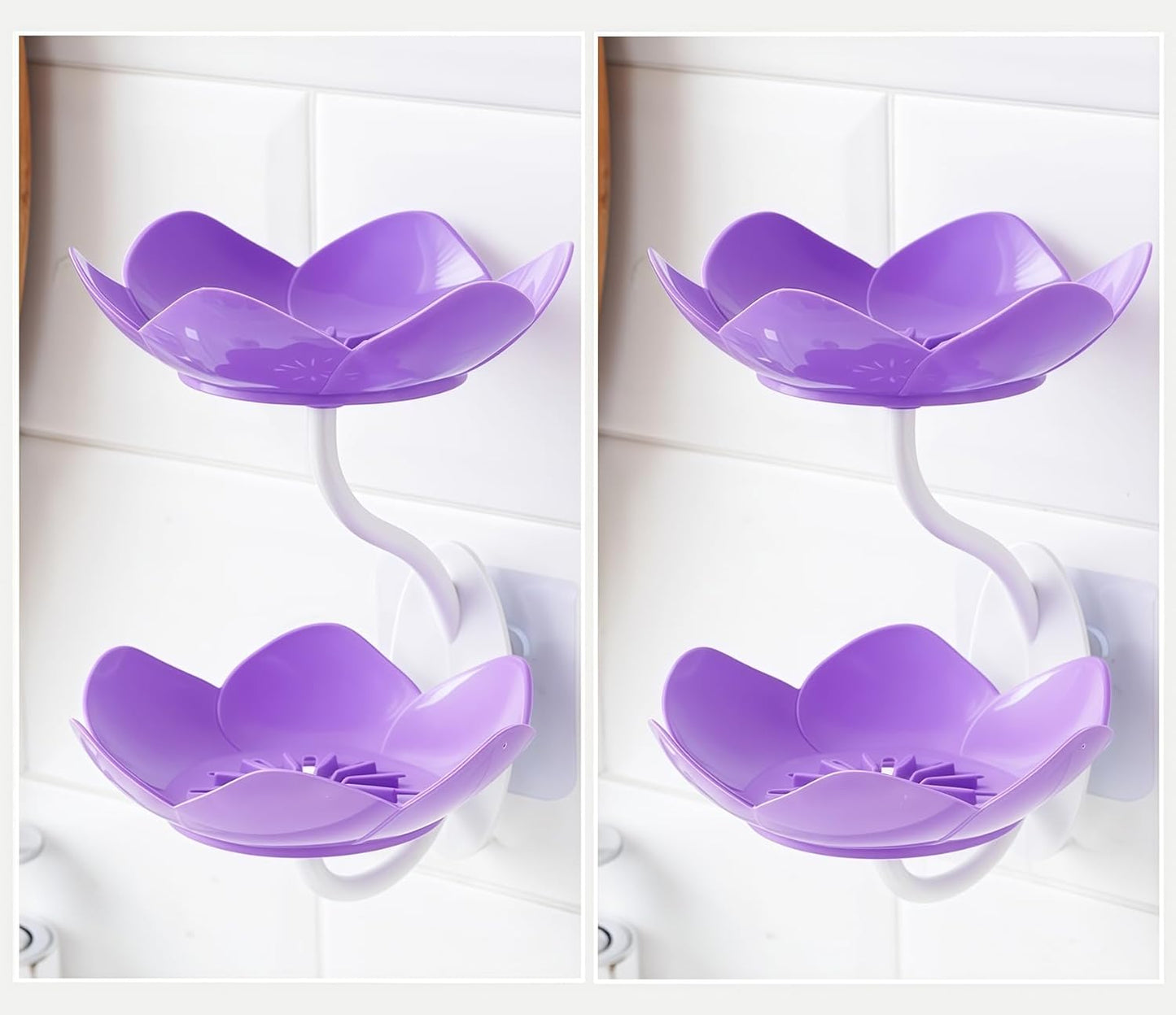 2 Pack Soap Dish Holder for Shower Bar Double Layer Cute Lotus Shape Adhesive Tray sink Wall Mounted Shampoo NO-Drilling Self Draining hanging Saver Rack plastic Bathroom Bathtub Kitchen，Purple+Purple