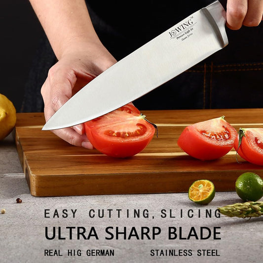 18-Piece Kitchen Chef's Knife Set Block Utensils Set with Peeler, German High Carbon Stainless Steel Razor-Sharp Blade with Ergonomic Handle, Professional Knife Block Set with Built-in Sharpener